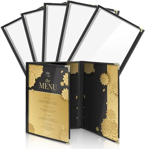 Flexzion Fundas de menú triple de 8.5 x 11 pulgadas (paquete de 6) – Soporte de menú de triple costura con 3 páginas, 6 vistas – Fundas