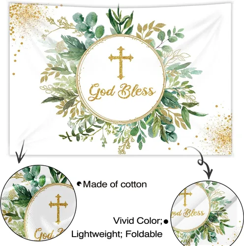 Miniatura 6 de Mocsicka Telón de fondo de bautismo con texto en inglés "God Bless Bautismo" de 7 x 5 pies, pancarta de primera comunión para niños y niñas, hojas