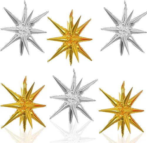 Miniatura 26 de 6 Globos de Papel de Aluminio con Forma de Estrella Negra de Una Pieza, Globo de Estrella de 14 Puntas 4D Cono Starburst de Mylar de 22 Pulgadas