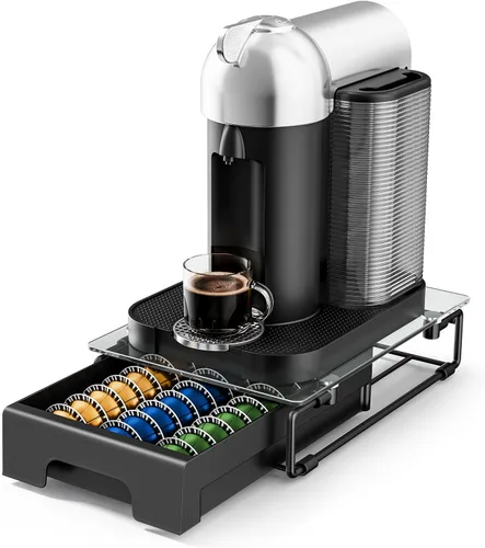 EVERIE Organizador de Cajón de Cristal Templado Compatible con Cápsulas Nespresso Vertuo, Compatible con 21 Cápsulas Vertuoline Grandes o 30