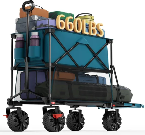Miniatura 13 de Portal - Carro plegable grande de doble cubierta con frenos, carro de utilidad plegable resistente de 660 lb, ruedas grandes todo terreno de 400 L