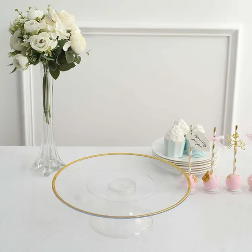 Miniatura 9 de Tableclothsfactory Paquete de 2 elevadores de plástico transparente de 12 pulgadas con borde dorado para cupcakes y postres, soporte desechable