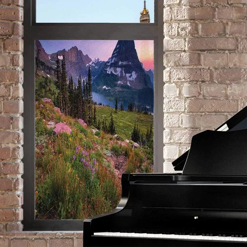 Miniatura 2 de Película escénica de verano para ventana, película de privacidad para ventana, prado floral silvestre en montañas alpinas, puesta de sol, Color 1