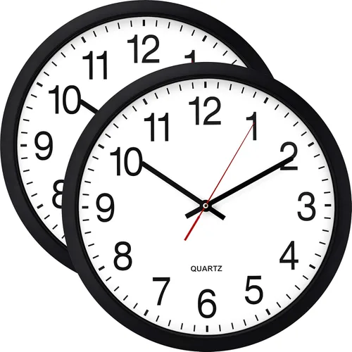 Bernhard Products Reloj de pared negro, 2 unidades, silencioso, sin tictac, de cuarzo, de calidad extra grande, funciona con pilas, redondo, fácil