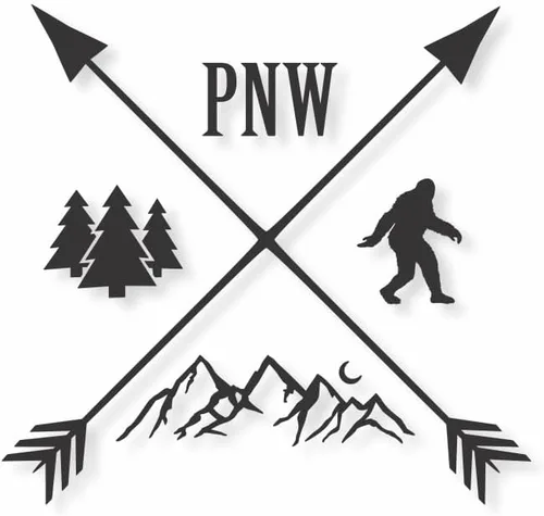 PNW - Calcomanía de pie grande, calcomanía blanca de montaña/árbol, gráfico de automóvil/portátil, calcomanía PNW Sasquatch, flechas cruzadas con