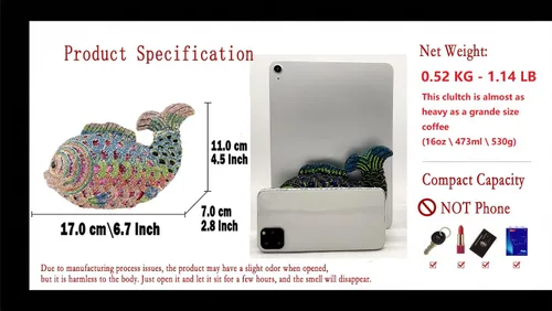Miniatura 3 de Boutique De FGG Bolsos de mano con diamantes de imitación de pescado para mujer, bolsos formales de noche, bolso de graduación, boda, fiesta, bolsa
