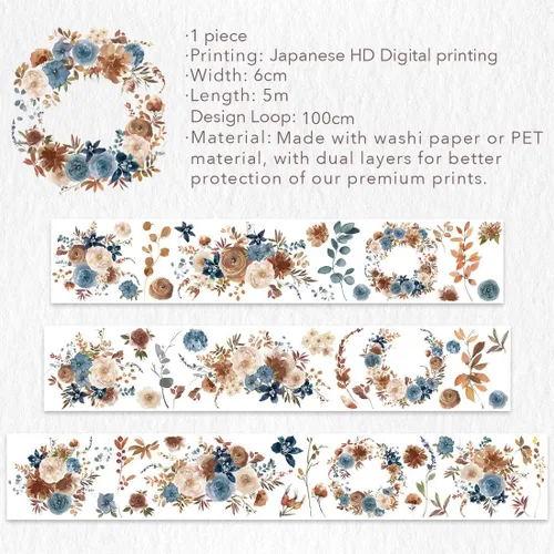 Miniatura 8 de WT Cinta de PET ancha azul polvoriento y canela, un solo rollo, diseños originales, cinta decorativa floral, cinta transparente para manualidades