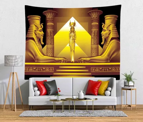Miniatura 2 de BELECO Tapiz de pirámide egipcia dorada, tapiz de diosa egipcia, faraón egipcio, esfinge, reina Cleopatra, tapiz colgante de pared, templo egipcio