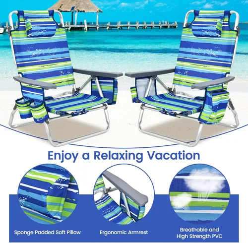 Miniatura 6 de Tangkula Juego de 2 Sillas de Playa con Mochila, Sillas de Playa Reclinables de 5 Posiciones que se Recuestan Completamente con Bolsa Refrigeradora