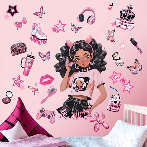 Miniatura 3 de Adhesivos de pared para dormitorio para niñas negras: calcomanías de moda de mariposas afroamericanas de pelar y pegar - decoración de arte