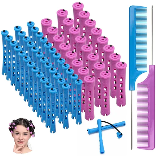 AHIER - Juego de 62 varillas para rizar el cabello, 60 varillas cortas de onda fría de plástico, rizadores de pelo, 2 tamaños con 2 peines de cola