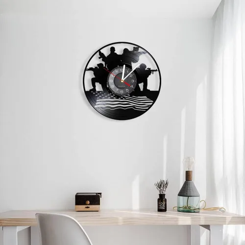 Miniatura 5 de Reloj de pared militar de diseño patriótico de 12 pulgadas, funciona con pilas, con bandera estadounidense, disco de vinilo decorativo, regalo Sin