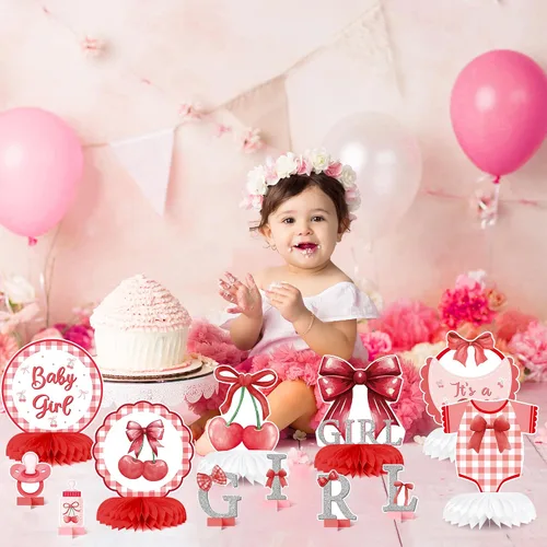 Miniatura 5 de Centros de Mesa de Panal de Arco Rojo para Fiesta de Niña, Decoración de Mesa Coquette para Baby Shower, Suministros para Fiesta de Revelación