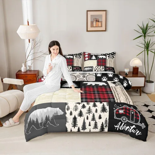 Miniatura 116 de Juego de edredón de cuernos de ciervo tamaño individual, juego de ropa de cama rústica de granja con huellas de oso y pinos para decoración