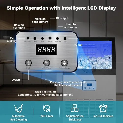 Miniatura 5 de Amzgachfktch Commercial Ice Maker 100 Lbs/24H, Auto Self-Cleaning Ice Maker, LED Display, Blue Light, Under Counter/Freestanding Ice Machine for