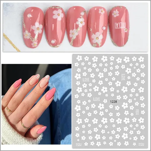 Miniatura 7 de 6 hojas de calcomanías de arte de uñas de flores de verano 3D, calcomanías autoadhesivas para uñas, diseño de arte blanco, amarillo, azul, negro