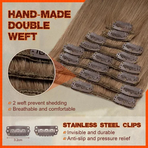 Miniatura 3 de Benehair Extensiones de cabello humano real con clip, 20 pulgadas, largo, lacio, Remy natural, cabeza completa, 8 piezas, 18 clips, extensiones