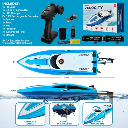Miniatura 7 de Force1 Velocity Blue Fast RC Boat - Barcos de control remoto para adultos y niños, mini barcos RC de carreras de velocidad submarina para piscinas