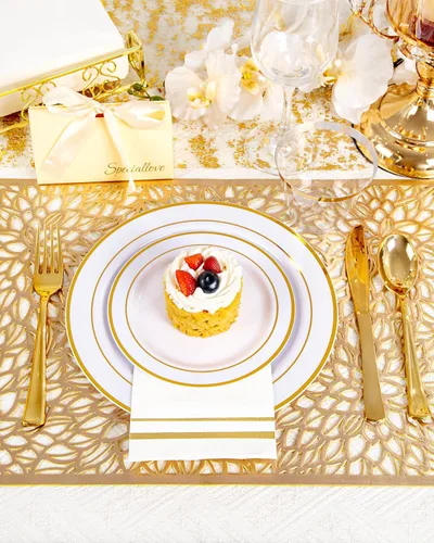 Miniatura 7 de GATHER 350 platos de plástico dorados. El juego de vajilla de plástico desechable blanco y dorado incluye 50 platos llanos, 50 platos de postre, 150