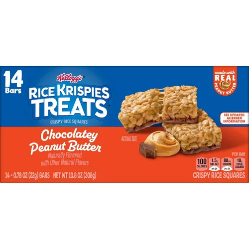 Miniatura 9 de Rice Krispies Treats Cuadrados de Arroz Crujiente, Barras de Aperitivos, Mantequilla de Maní Chocolateada, Caja de 10.8oz (14 Unidades)