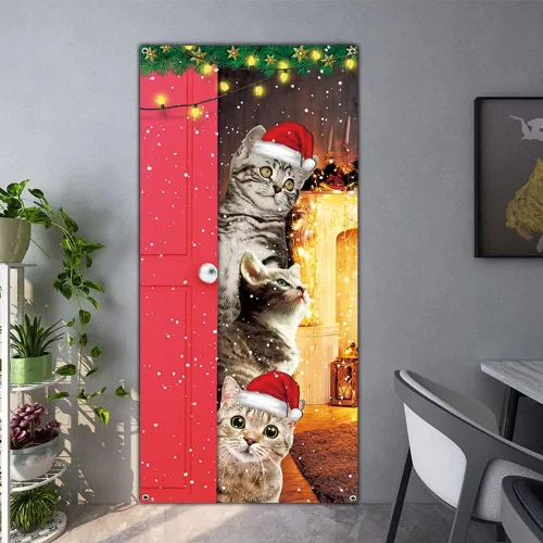 Miniatura 3 de Cubierta de Puerta de Gatos Lindos Feliz Navidad Banner Decoración de Gatos Divertidos para Puerta Delantera Pared Ventana Suministros de Fiesta