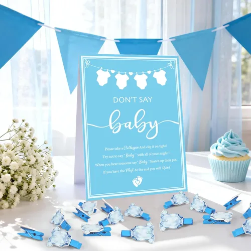 Miniatura 3 de Don't Say Baby Game, juegos de baby shower para niños, 1 letrero azul decorativo y 50 mini pinzas azules para la ropa, ideas de decoración