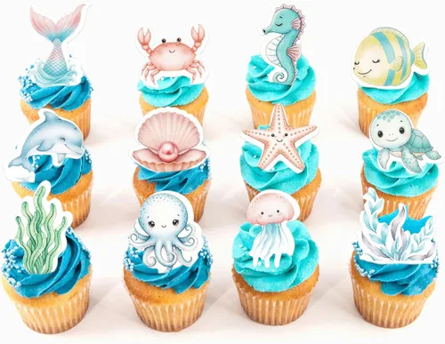 Miniatura 5 de 40 piezas comestibles bajo el mar, sirena, cupcakes, algas, pulpos, estrellas de mar, cupcakes, lindos animales del océano, selecciones de alimentos