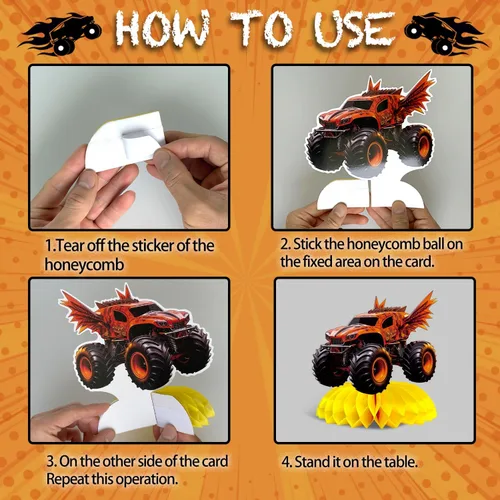 Miniatura 6 de 9 piezas de centro de mesa de nido de abeja de camión monstruo camión monstruo decoraciones de fiesta de cumpleaños Monster Truck decoraciones