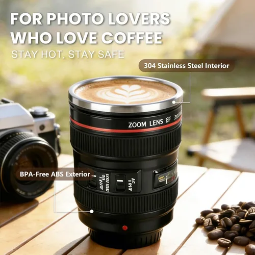 Miniatura 2 de Taza de café con lente de cámara, a prueba de fugas, 13.5 onzas, SUS-304, taza de viaje de acero inoxidable con cuchara, sin BPA, tapa para Negro