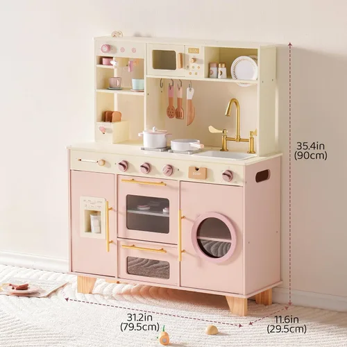 Miniatura 2 de ROBOTIME Cocina de juego para niños, cocina moderna de juguete de madera con máquina de hielo, cafetera, horno, microondas, tostadora, estufa, Rosa