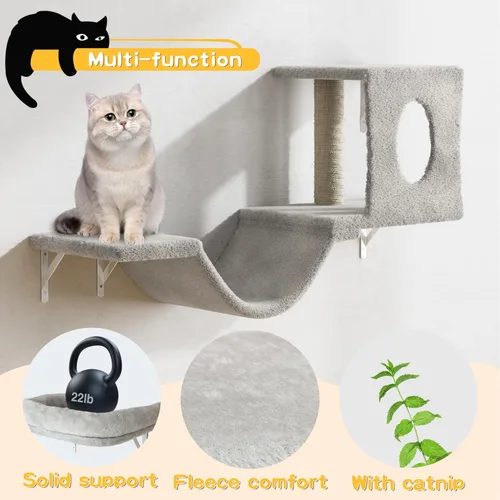 Miniatura 6 de NUNU LAB Juego de muebles para gatos montados en la pared, juego de 6 piezas para escalar con casa, puente, escalones, tabla rascadora - Paredes