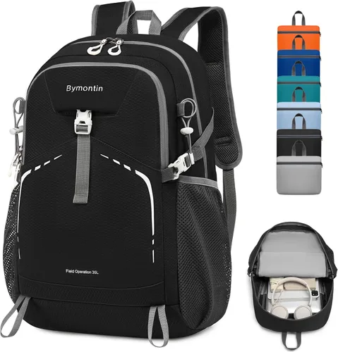 Mochila plegable ligera de 35 litros - Mochila plegable duradera para viajes, senderismo y gimnasio (negro)