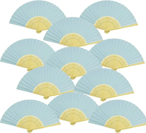 Woohome 15 abanicos plegables de papel azul claro ventilador de bambú para baile, parte, picnic, regalo de fiesta de boda, decoración de boda