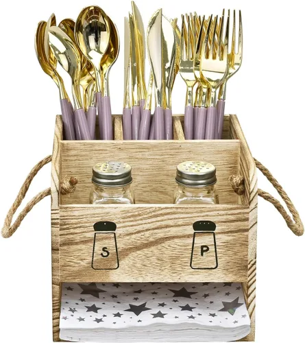 Miniatura 3 de Ikee Design Organizador de utensilios de madera, organizador de cubiertos con 5 ranuras, cuenta con asas e incluye salero y pimentero, ideal