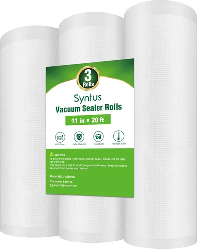 Syntus Bolsas selladoras al vacío para alimentos, 3 rollos de bolsas de grado comercial de 11 pulgadas x 20 pies, bolsas de vacío de alimentos sin