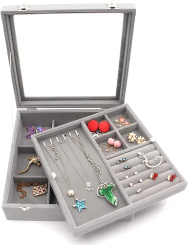 Miniatura 3 de KLOUD City Joyero con tapa de vidrio Caja de joyería de dos capas Organizador Display Storage Case (gris)