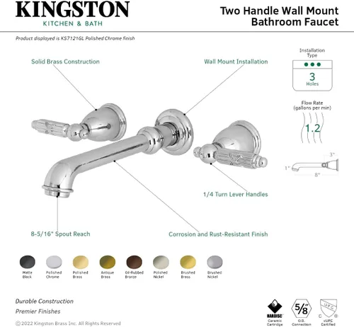 Miniatura 4 de Kingston Brass KS7122GL Grifo de baño de montaje en pared central de 8 pulgadas, latón pulido