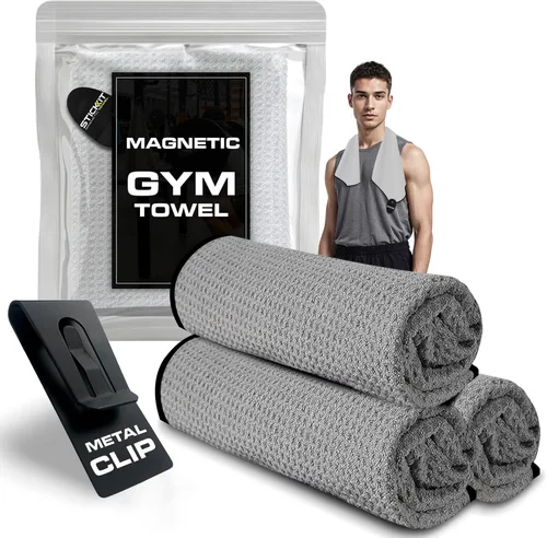 STICKIT Toalla deportiva magnética, color gris, toalla de microfibra de primer nivel con bolsillos profundos de gofre, imán potente para una