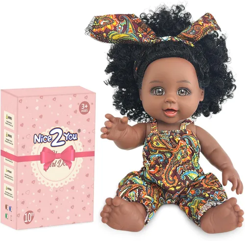 Miniatura 7 de Nice2you Muñeca bebé negra para niña, muñeca afroamericana negra de 10 pulgadas con vestido, muñeca bebé recién nacida realista para niños de 1 2 3