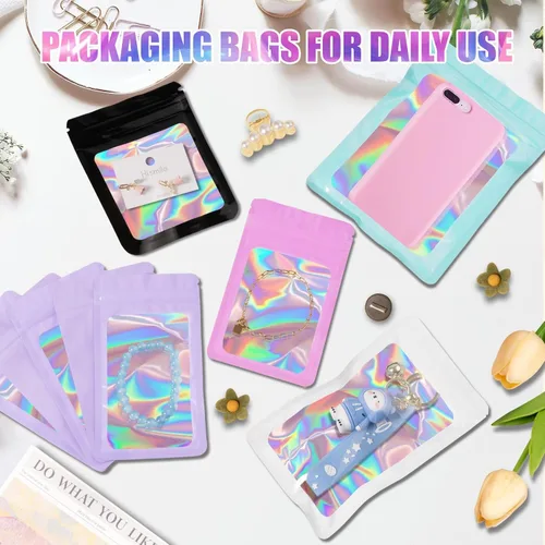 Miniatura 5 de Jetmore 100 piezas Bolsas Holográficas Mylar Resellables para Pequeñas Empresas Bolsa de Embalaje Sellable para Dulces Almacenamiento de Alimentos