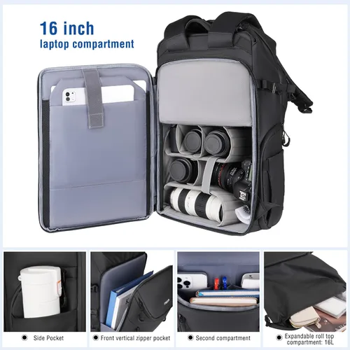 Miniatura 6 de MOSISO Mochila impermeable para cámara, DSLR/SLR/SLR/sin espejo, mochila grande para fotografía con compartimento superior enrollable expandible