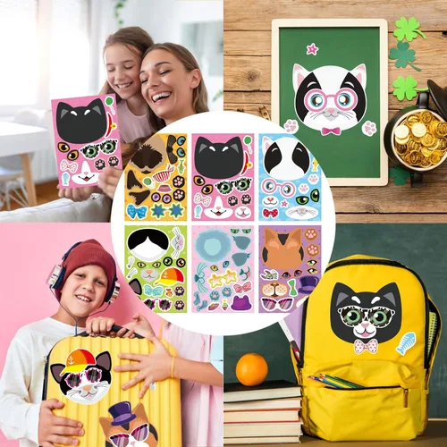 Miniatura 6 de 24 hojas de calcomanías de gatos, pegatinas para hacer caras, crea tus propias calcomanías de gatos, calcomanías de animales para niños, regalo
