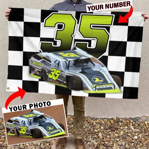 Miniatura 10 de Sprint Car Racing - Foto personalizada, nombre y número de carreras de bandera estadounidense a cuadros para amantes de las carreras de pista