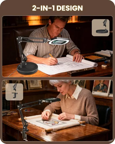 Miniatura 6 de Lupa redonda de 10 veces con luz y soporte, lámpara de escritorio con luz LED 2 en 1 y abrazadera, 5 modos de color regulable continuo, lámpara