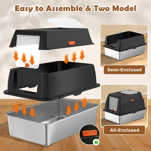 Miniatura 4 de Vivifying Caja de Arena de Acero Inoxidable con Tapa, Entrada Frontal XL Cerrada Caja de Arena Extra Grande para Gatos Grandes y Gatitos, Bandeja