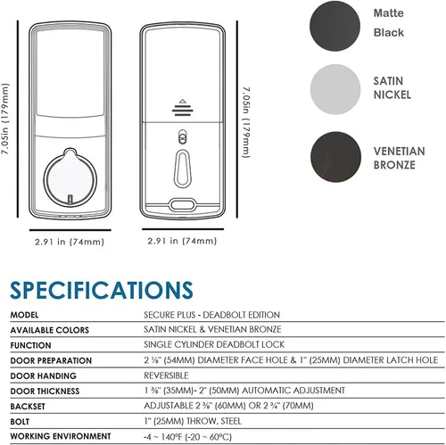 Miniatura 8 de Lockly Secure Plus - Cerradura de puerta inteligente, entrada sin llave con huella digital y tarjeta RFID, teclado PIN Genie, control