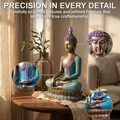 Miniatura 2 de 25DOL Estatua de Buda grande de 12.5 pulgadas para decoración del hogar, escultura de iluminación pintada a mano, decoración de meditación Azul