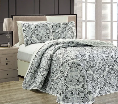 Linen Plus - Juego de colcha reversible con diseño de medallón, diseño de medallón Gris
