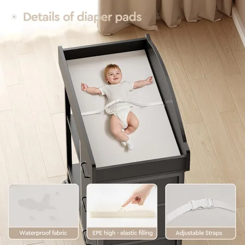 Miniatura 4 de YeTom Mesa Cambiador Cómoda, Cómoda para Bebé con 3 Cajones de Tela y 2 Estantes, Mesa Cambiador Multifuncional para Bebé con Almohadilla, Cómoda