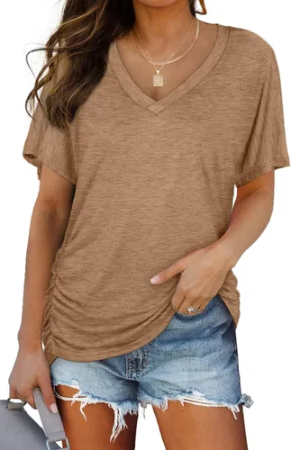 Miniatura 8 de WIHOLL - Camisetas de manga corta con cuello en V para mujer, holgadas, con fruncido lateral